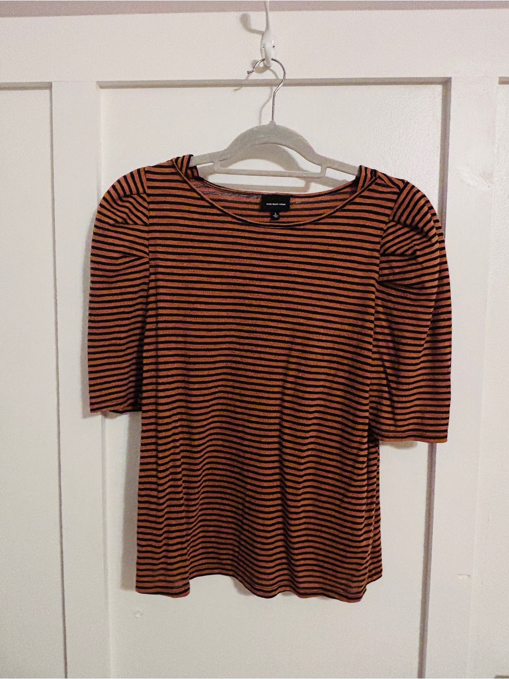Who What Wear Orange and Black Striped Puff-Shoulder Tee